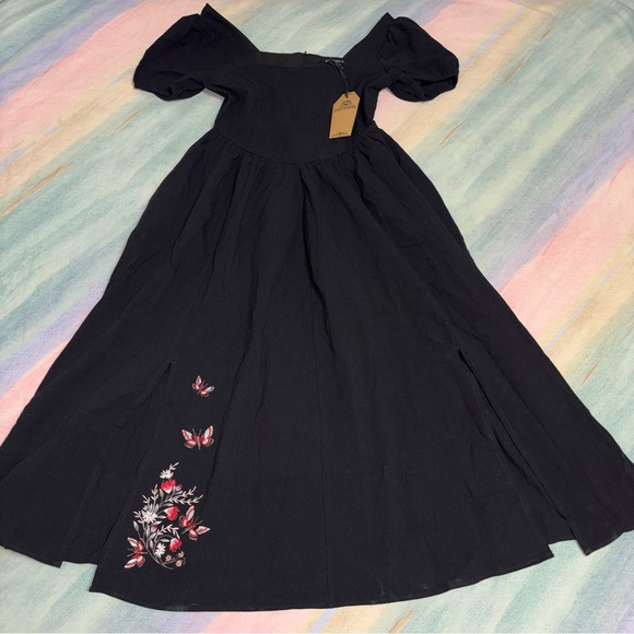 NWT Copia Moth Embroidered Cotton Puff Sleeve Split Skirt Midi Dress size 2 - Picture 6 of 9